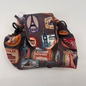 Travel Stamp Print Drawstring Makeup Bag Lay Flat Cosmetic Organizer Pouch Brown